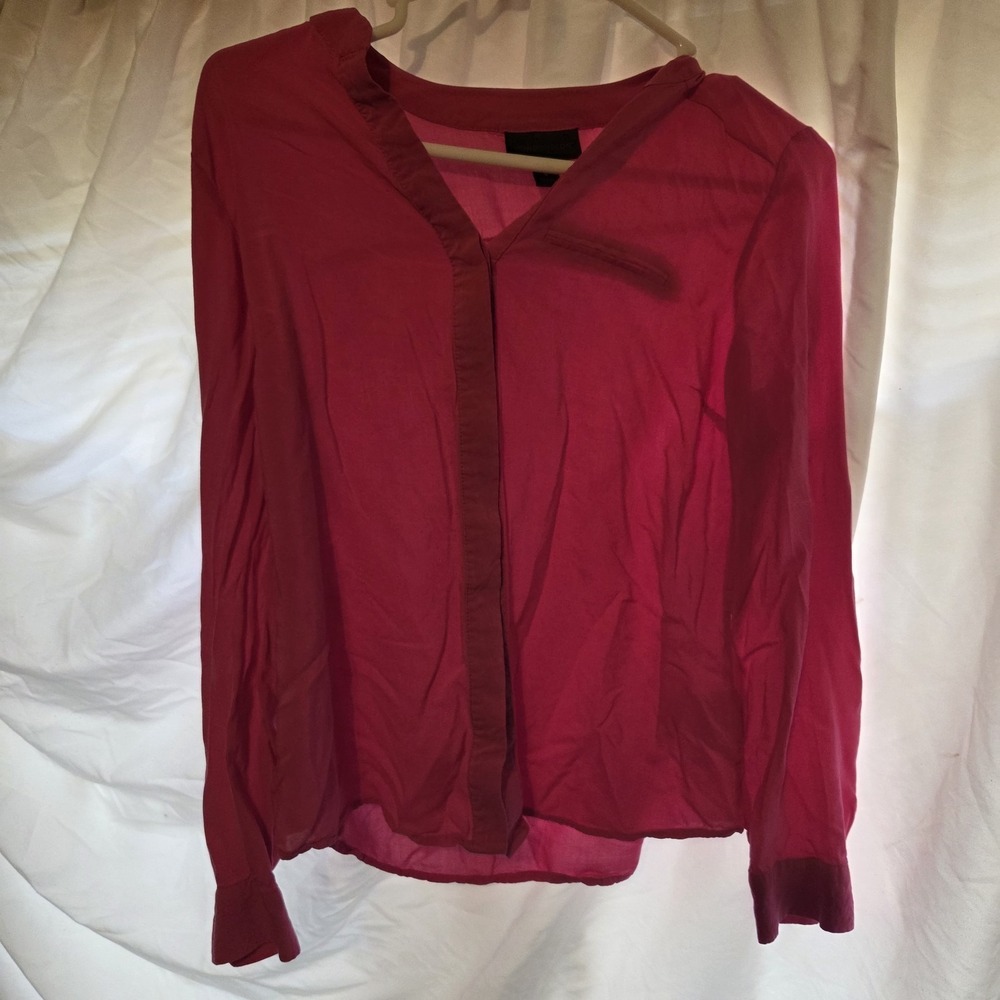 Worthington Hot Pink Magenta V-Neck Blouse Button Front Shirt Sheer Long Sleeve